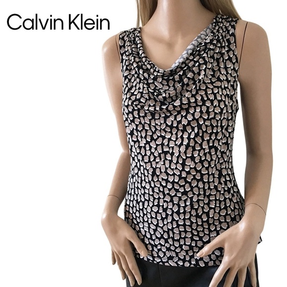 Calvin Klein Cowl Neck Top Blouse Tank Khaki Abstract print - Picture 1 of 13
